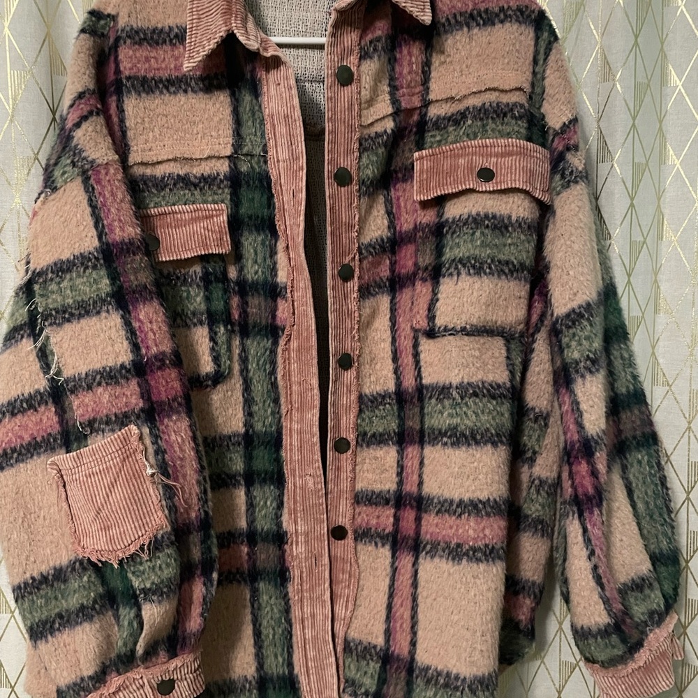 POL Pink and Green Plaid Cute Teddy Jacket